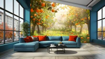 Orange garden with oranges in spring time. Trees with fruits Wall mural