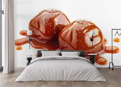 Photorealistic image of two gooey caramel candies, drizzled with caramel sauce and sprinkled with sea salt, isolated on a white background Wall mural