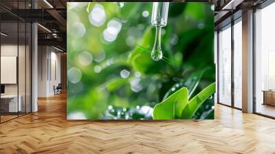 Pipette with essential liquid serum or oil. On a green leaves background with water drops. Selective focus, organic or vegan cosmetic concept. Closeup Wall mural