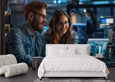 portrait of two happy female and male engineers using laptop computer to analyze and discuss how to  Wall mural