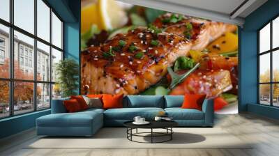 Salmon, salad, and steamed fish for healthy diets like Paleo, keto, and Mediterranean. Asian dish with teriyaki cooked in the oven, gluten-free, and lectin-free Wall mural