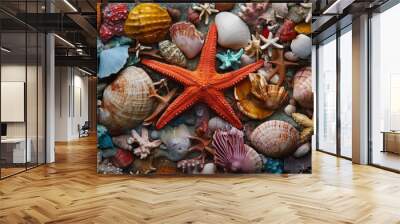 Sea life, including shells, corals, and starfish, make up the background of this image. Wall mural