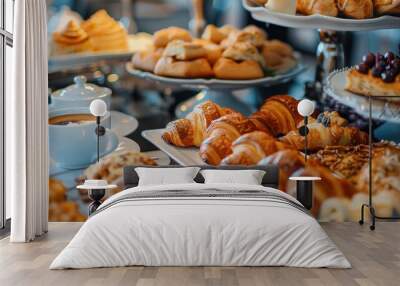 Set of coffee break in the hotel during conference meeting, with tea and coffee catering, decorated catering banquet table with variety of different pastry and bakery, with croissants cookies Wall mural