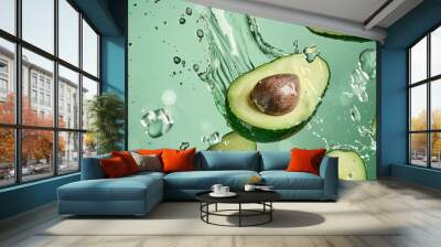 Slices of fresh avocado floating over a mint green background with water droplets splattering and floating in the air. Recipe for ingredients in a healthy diet. Modern motion food composition Wall mural