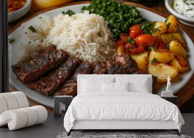 Slices of grilled beef served with Turkish bread, rice, and potatoes Wall mural