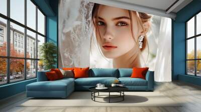 Standing behind a clear curtain and wearing tasteful diamond earrings is a stunning, kind, and passionate girl. Wall mural