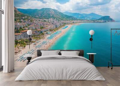 summertime coast of Alanya, Turkish Mediterranean Sea, crowded beach hotels, aerial view Wall mural