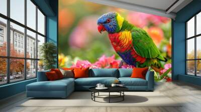 The colorful parrot sits on a beautiful flower, and the photo was taken at a very close distance Wall mural