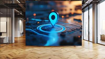 The navigation locator map travel gps direction pointer and marker place position point design element on route graphic road mark destination background is a blue location symbol pin icon sign. 3D mod Wall mural