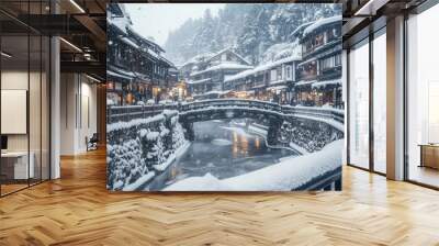 Travel destination in Japan: the historic Ginzan onsen village in the winter Wall mural