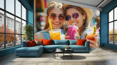 Two young beautiful smiling hipster female in trendy summer clothes. Carefree women posing outdoors. Positive models holding and drinking fresh cocktail smoothie drink in plastic cup with straw Wall mural