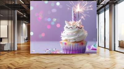 Unicorn Happy Birthday Cupcake, with unicorn candle and sparkler on cupcake with rainbow cupcake case and purple background  Wall mural