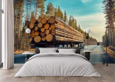 View from the back of a long, heavy, industrial wood carrier cargo vessel truck trailer with large pine, spruce, and cedar trees traveling on a highway against a background of blue sky. Idea of timber Wall mural