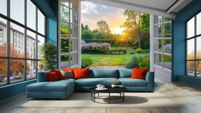 View through open bifold doors of attractive garden on a summer evening with lighting Wall mural