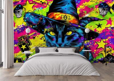 A colorful illustration of Cat on witch character, whimsical wizard cat, Generative AI Wall mural