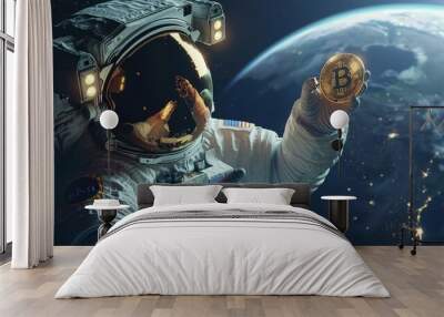 A man in a space suit holding a golden coin Wall mural