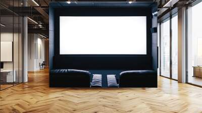 A movie theater with two black leather chairs and a large white screen Wall mural