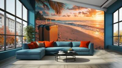 A suitcase is sitting on the beach at sunset, peaceful and relaxing Wall mural