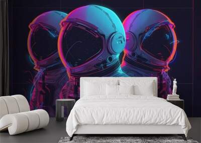 Three astronauts in space suits are shown in a neon color scheme Wall mural