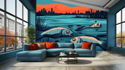 Three fish are swimming in a body of water Wall mural