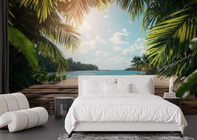 A beach scene with palm trees and a clear blue ocean Wall mural