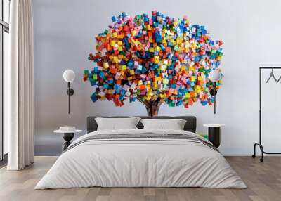 A colorful tree made of blocks is displayed on a white background Wall mural