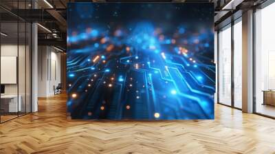 A computer chip with blue and orange lights Futuristic digital circuit: glowing blue cyber network pattern, representing modern technology and innovation. Wall mural