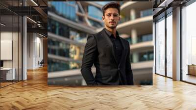 A man in a black suit stands in front of a building Wall mural