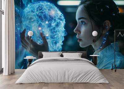 A woman is holding a blue brain in her hand Wall mural