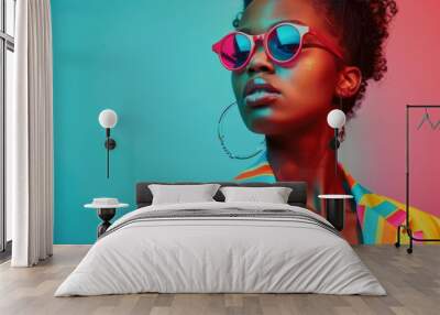 fashion model dressed in colorful Y2K era outfits, showcasing bold textures and vibrant accessories. retro Y2K fashion, wearing bold and striking outfits, colorful and full of life, fashion forward. Wall mural