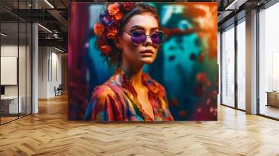 fashion woman colorful, the bold eclectic fashion styles of the Y2K era. dressed in the latest fashion trends of the time, including chunky shoes, low-rise pants, crop tops, and oversized sunglasses Wall mural