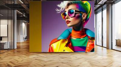 fashion woman colorful, the bold eclectic fashion styles of the Y2K era. dressed in the latest fashion trends of the time, including chunky shoes, low-rise pants, crop tops, and oversized sunglasses Wall mural