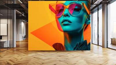 Including chunky shoes, low-rise pants, crop tops, and oversized sunglasses, the bold eclectic fashion styles of the Y2K era, fashion woman colorful dressed in the latest fashion trends of the time. Wall mural