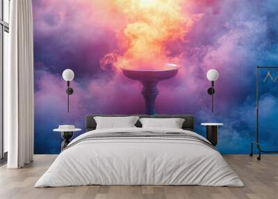 A hookah with a bowl and a stem is surrounded neon smoke in a dimly lit setting. Wall mural