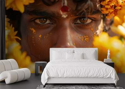 A Devotee's Focused Gaze Amidst Golden Marigolds Wall mural