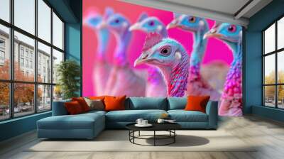 A Flock of Pink and Blue Turkeys Wall mural