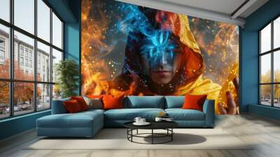 An alchemist conjures elemental forces of fire and magic in a mystical realm Wall mural