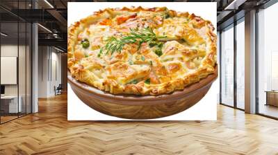 Golden-Brown Fish Pie in Ceramic Dish Isolated on White Wall mural