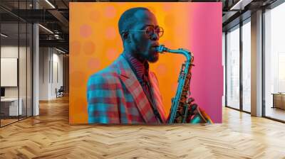 Soulful saxophonist performing in vibrant colors during a lively night in the city Wall mural