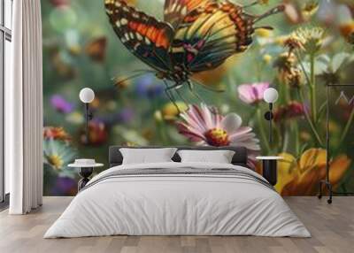 Two Butterflies Flying Over Field of Flowers Wall mural