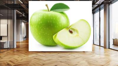 Vibrant green apple with a fresh leaf and a juicy slice on white background Wall mural