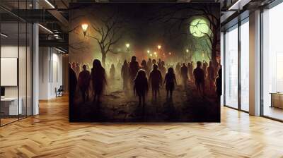 A crowd of zombies and monsters walks the street at night illustration design. Generative AI Wall mural