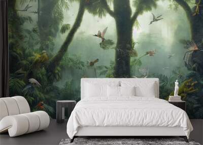 A rainforest with birds and lizards illustration. Generative AI Wall mural