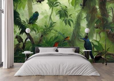 A rainforest with birds and lizards illustration. Generative AI Wall mural