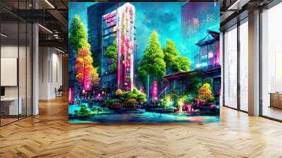 fantasy night city japanese landscape neon light. Abstract illustration art. Generative AI Wall mural