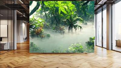 Foggy dark excotic tropical jungle illustration design. Generative AI Wall mural