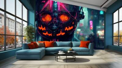 futuristic cyberpunk city at night in halloween, neon lights, digital illustration. Generative AI Wall mural