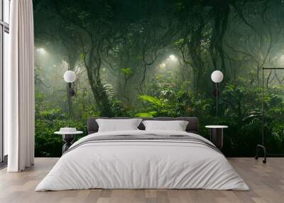 night landscape of the jungle at night under the light of lamps. Generative AI Wall mural