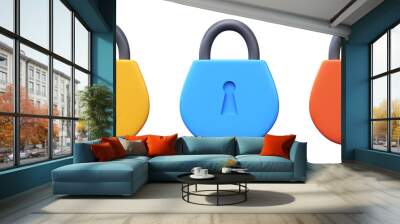 3d realistic lock icon, yellow, blue and red colors. Symbol of safety and protection. Wall mural