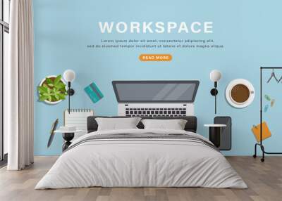 Top view, laptop, smartphone, stationery. Workplace for business, study, online work. Wall mural